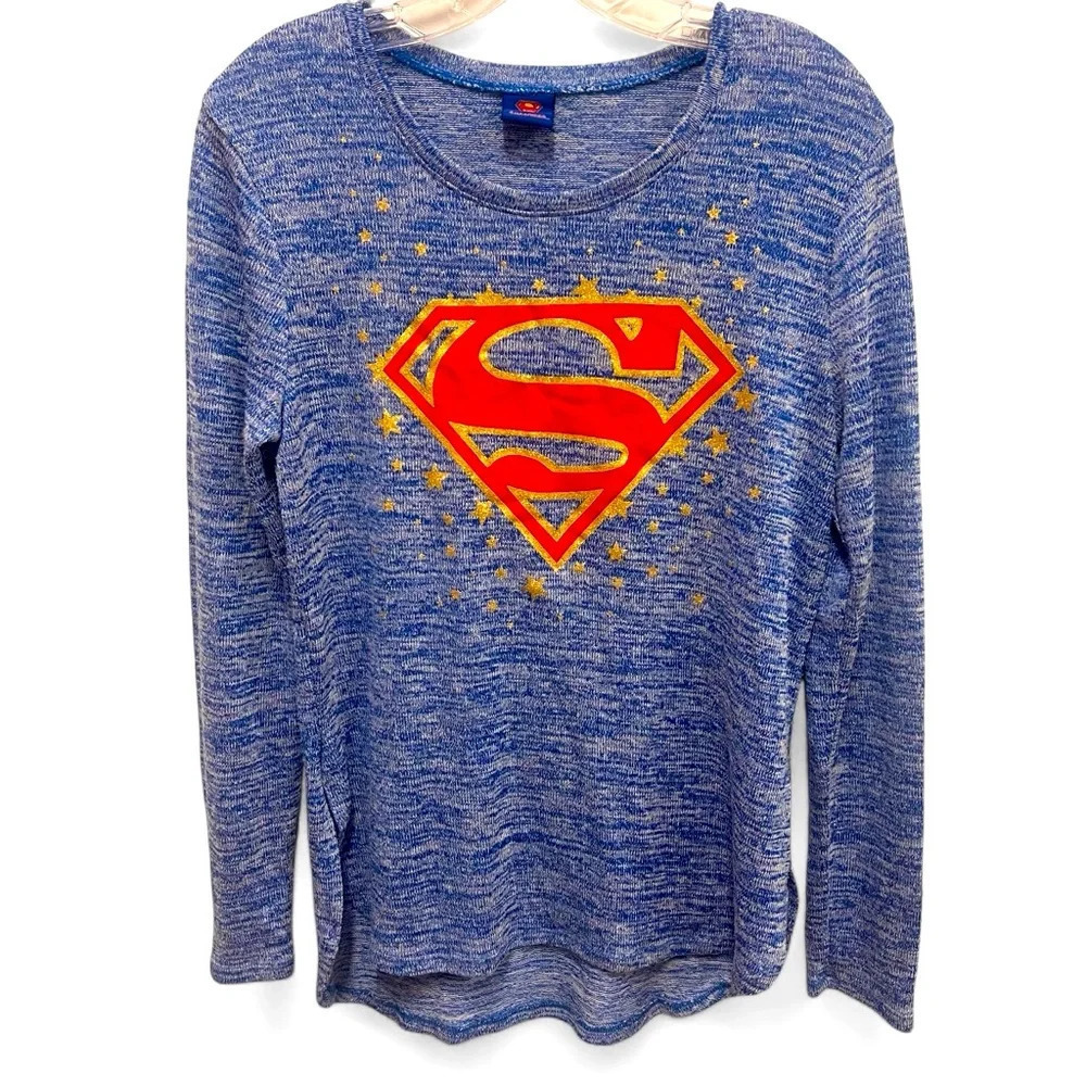 DC Comics Superman Lightweight Tunic High Low Sweater w/Glitter Logo Size Large